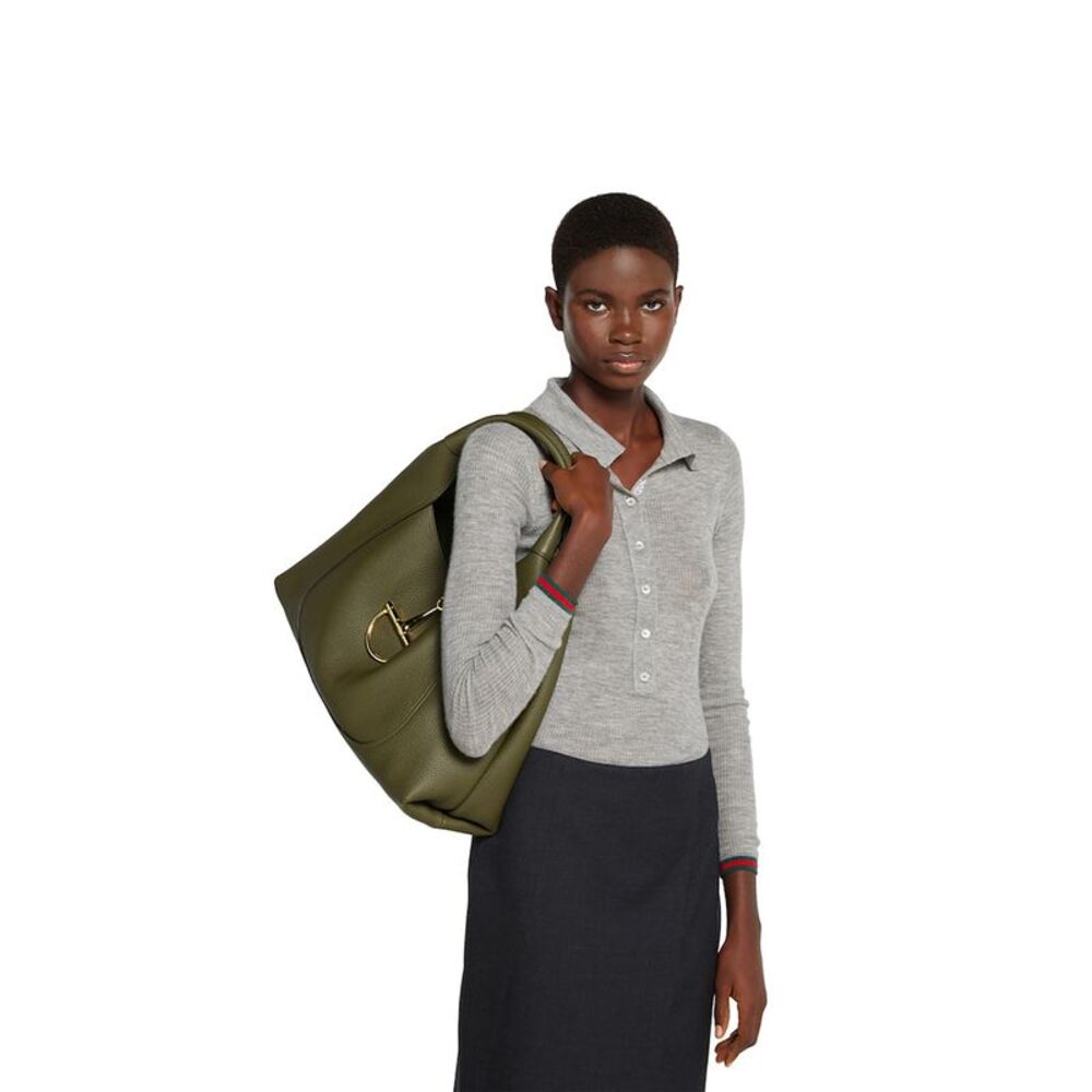 Gucci Women Green Shoulder Bag With Horsebit Closure In Grained Leather Woman - Picture 7 of 7